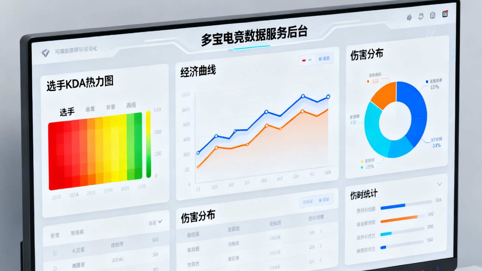 多宝电竞数据服务后台界面：大屏展示实时赛事数据可视化图表，包括选手KDA热力图、经济曲线、伤害分布等多项统计指标。